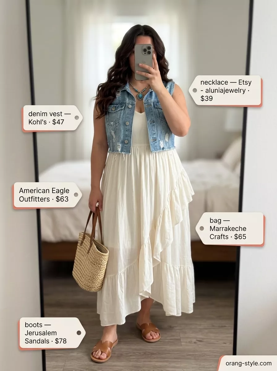 Boho Rhapsody: Midsize Denim Outfits Summer 2026 Midsize denim outfits summer for women 2026: Distressed denim vest, ivory maxi dress, turquoise necklace for boho style.