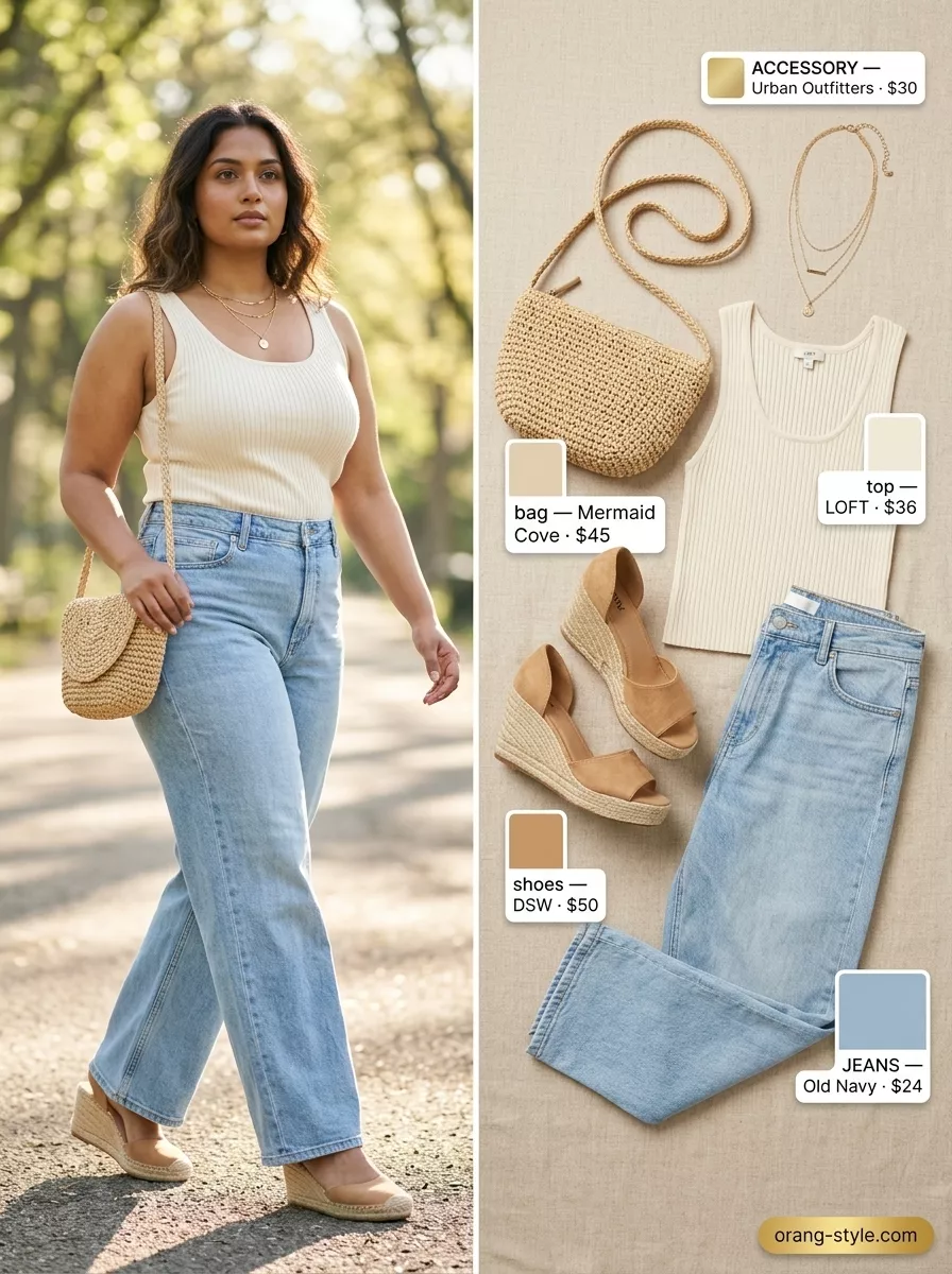 Coastal Breeze: Midsize Denim Outfits Summer 2026 Midsize denim outfits summer for women 2026: Wide-leg light wash jeans, cream knit top, straw bag for coastal weekend.