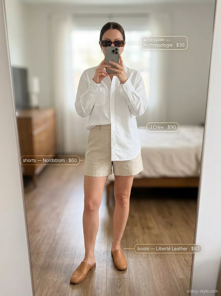 Minimal Summer Outfits 2026: Chic Boardwalk Style Minimal every day summer outfits for women 2026: Beige linen shorts, white oversized shirt, tortoise sunglasses, crossbody bag.