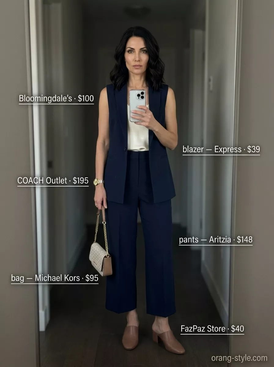 Minimal Summer Outfits for Women 2026: Executive Power Minimal every day summer outfits for women 2026: Navy blazer, cream trousers, silk cami, leather mules & satchel.