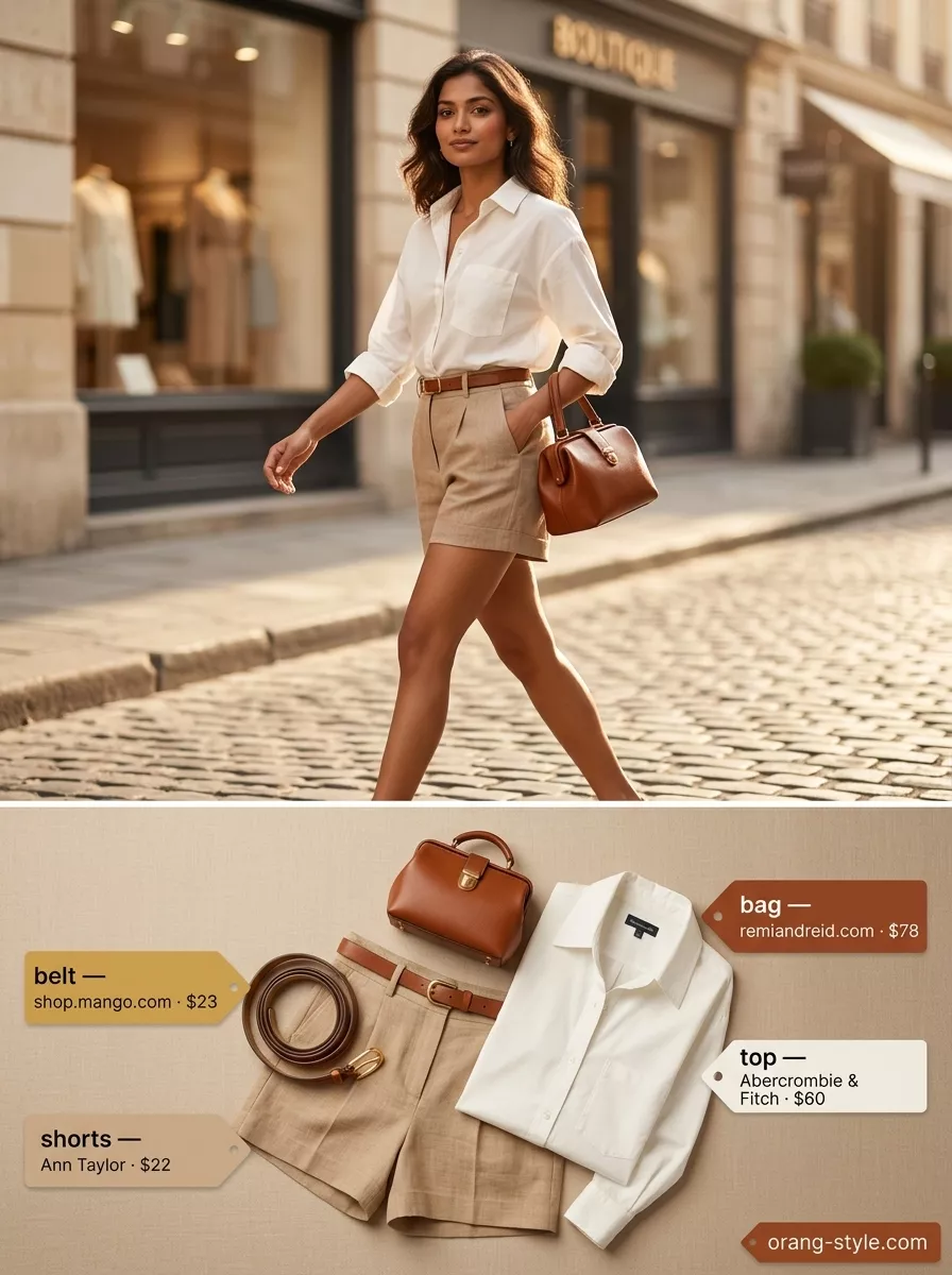 Minimal Summer Outfits 2026: Polished Linen Shorts Navy shorts and white shirt for minimal every day summer outfits for women 2026. Polished and crisp.