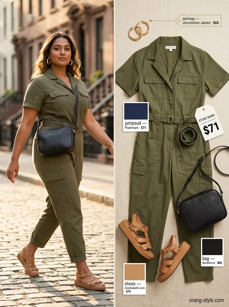 Minimal Summer Outfits 2026: Edgy Olive Jumpsuit Olive green utility jumpsuit for minimal every day summer outfits for women 2026. Confident and edgy.