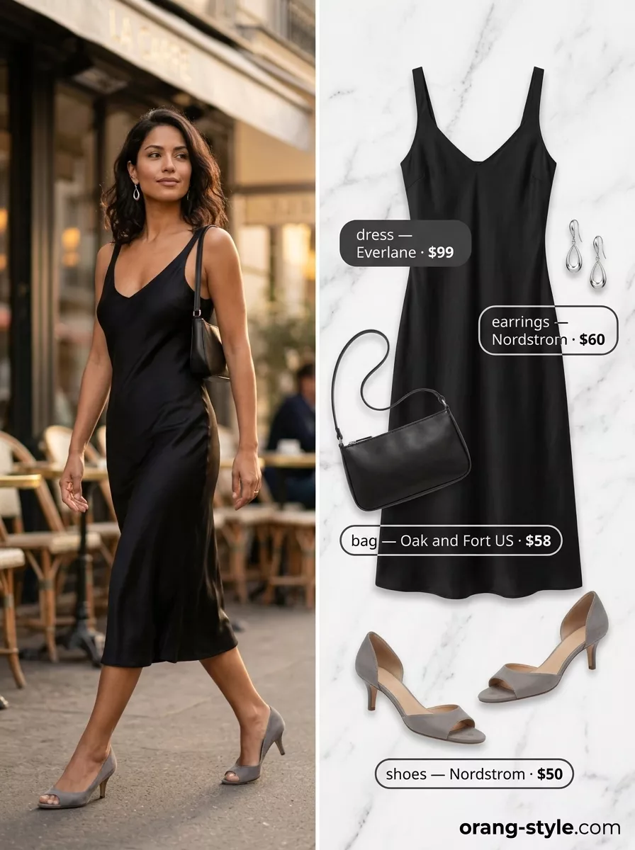 Minimal Summer Outfits for Women 2026: Sunset Glam Minimal every day summer outfits for women 2026: Charcoal slip dress, black sandals, silver earrings & black bag.
