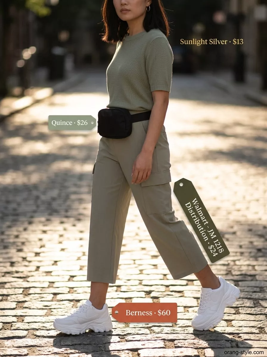 Minimalist neutral summer outfit: sage green cargo set, white sneakers, silver hoops, black belt bag.