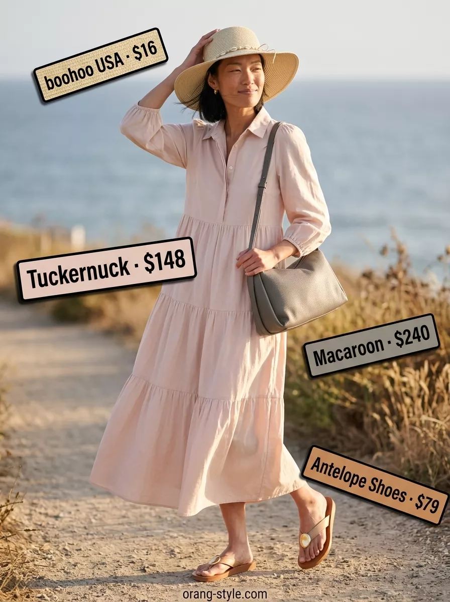 Minimalist neutral summer outfit: taupe cotton maxi dress, tan sandals, straw hat, slouchy bag.