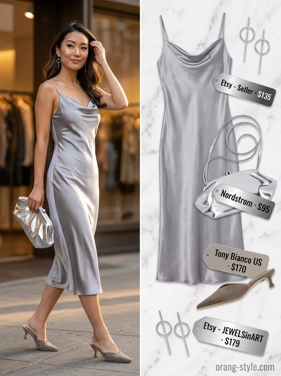 Minimalist neutral summer outfits for women 2026: Grey slip dress, suede mules, silver clutch for a dinner date.