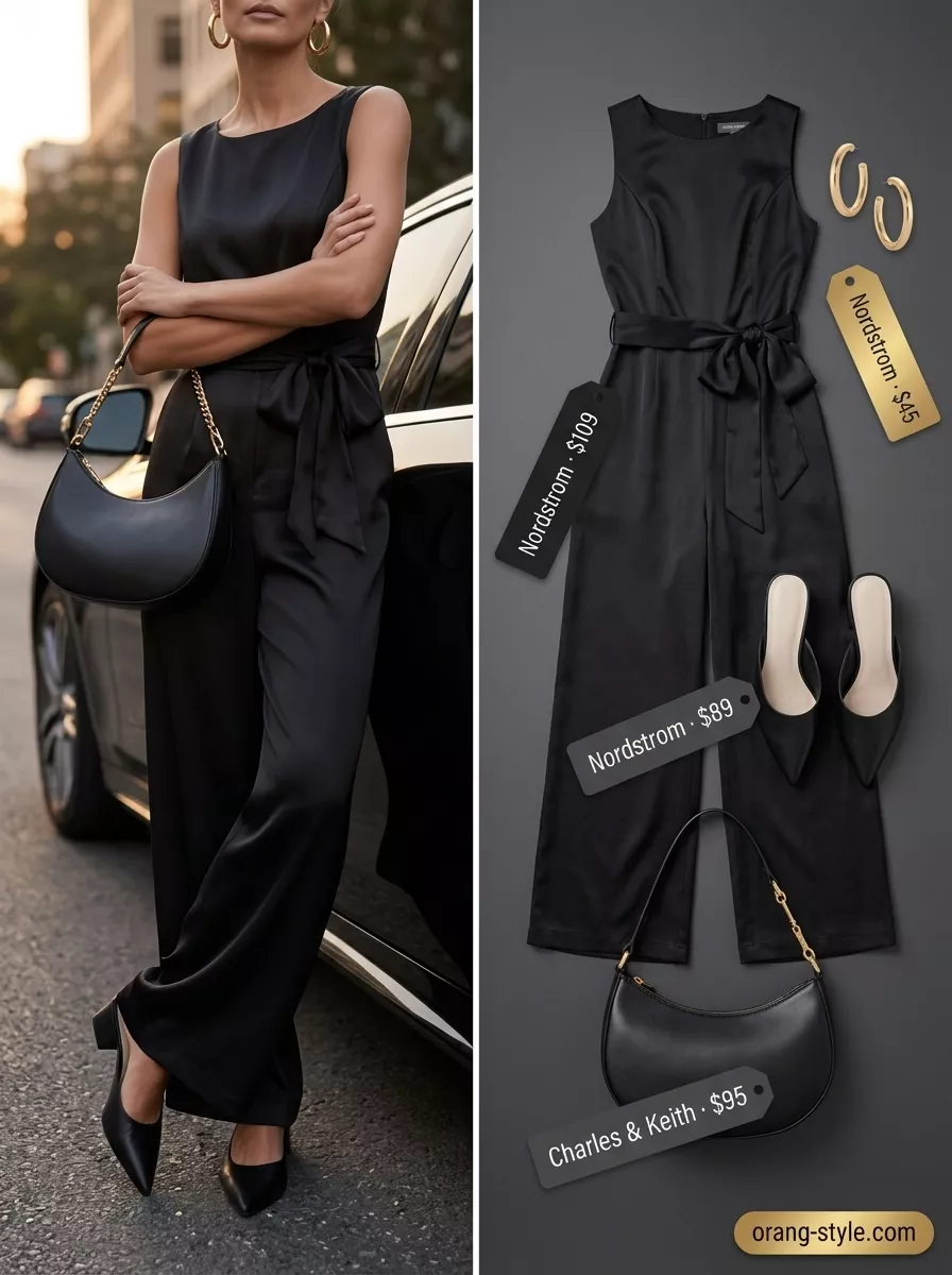 Minimalist neutral summer outfit: Black wide-leg jumpsuit, gold hoops, black mules for evening.