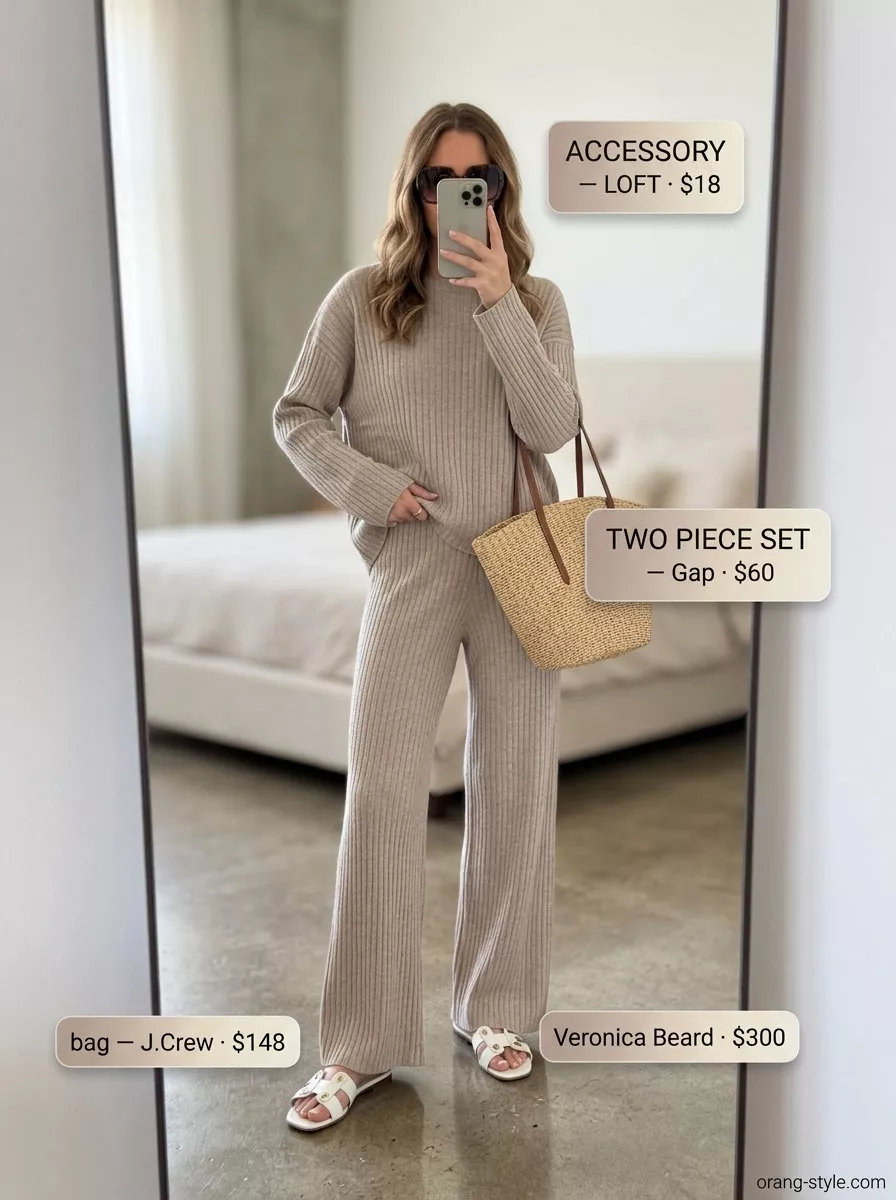 Minimalist neutral summer outfit: taupe knit set, cream slides, straw tote, neutral sunglasses.