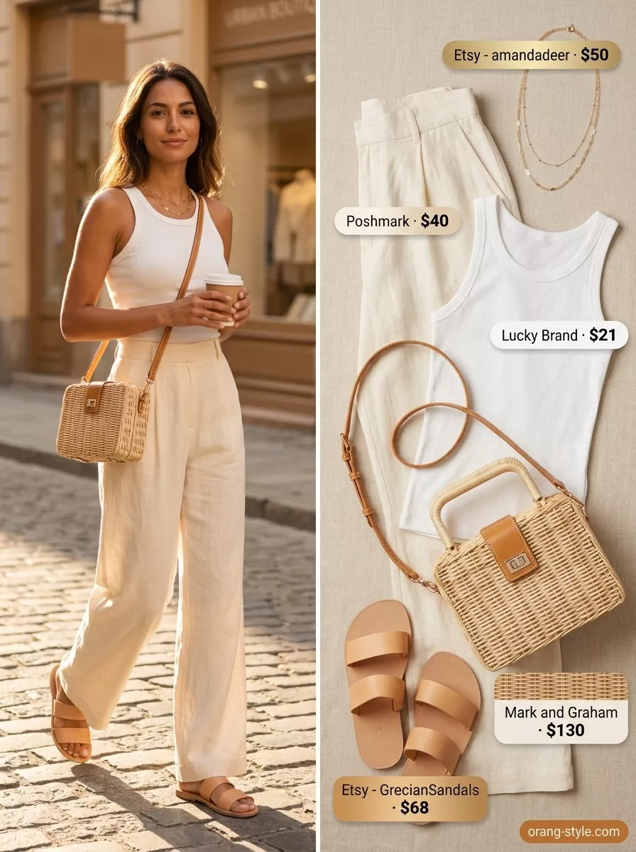 Minimalist neutral summer outfit: Cream linen pants, off-white tank, gold necklace for beach.