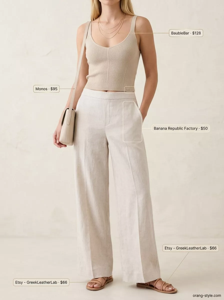 Minimalist neutral summer outfit: Cream linen pants, ivory ribbed tank, gold necklaces for brunch.