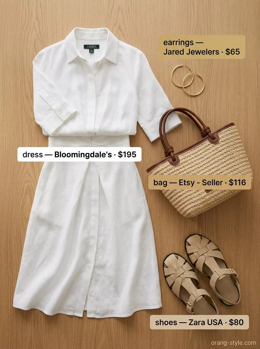 Minimalist neutral summer outfits for women 2026: White linen shirt dress, tan leather sandals, straw tote for a casual day.