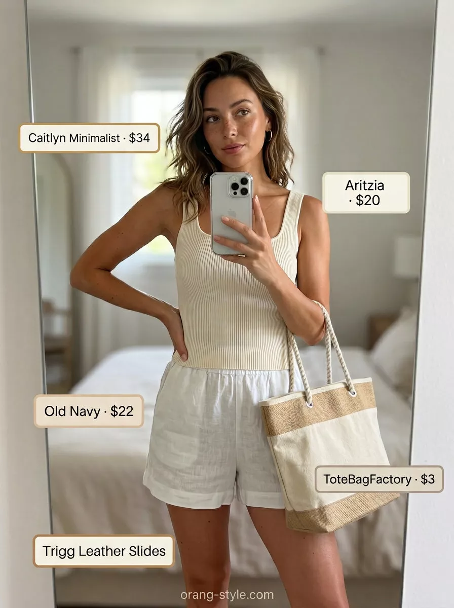 Minimalist neutral summer outfits for women 2026: Linen shorts, cream tank, tan slides for a casual day out.