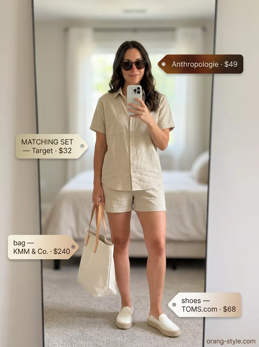 Minimalist neutral summer outfit: khaki linen shorts set, espadrilles, tortoiseshell sunglasses.
