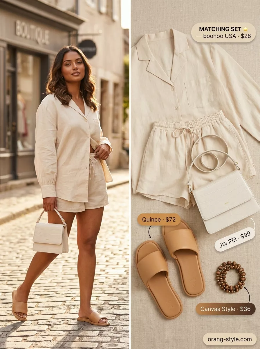 Minimalist neutral summer outfits for women 2026: Beige linen shorts set, cream bag, leather slides for brunch.