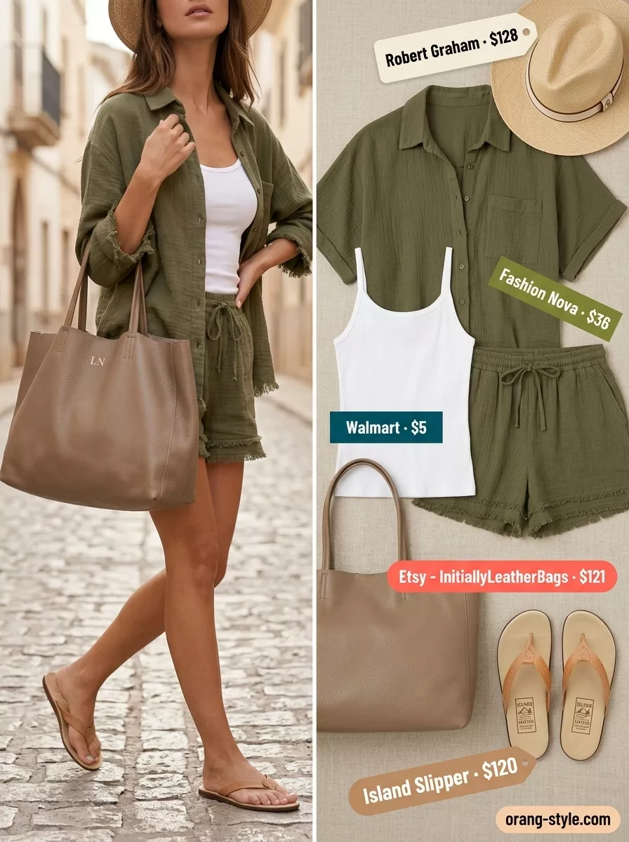 Minimalist neutral summer outfit: olive linen shorts set, white tank, tan sandals, straw hat.