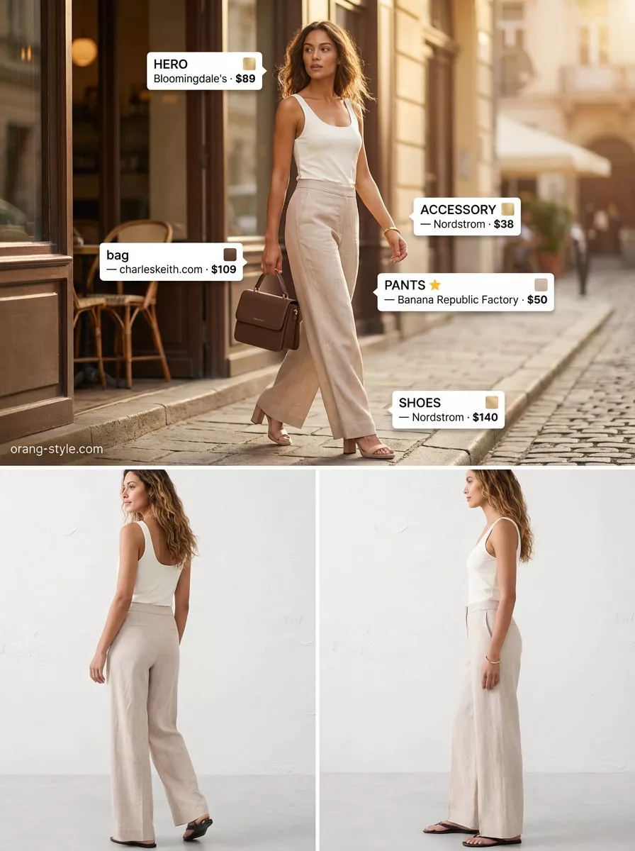 Minimalist neutral summer outfits for women 2026: Wide-leg linen pants, ivory knit top, strappy sandals for summer evenings.