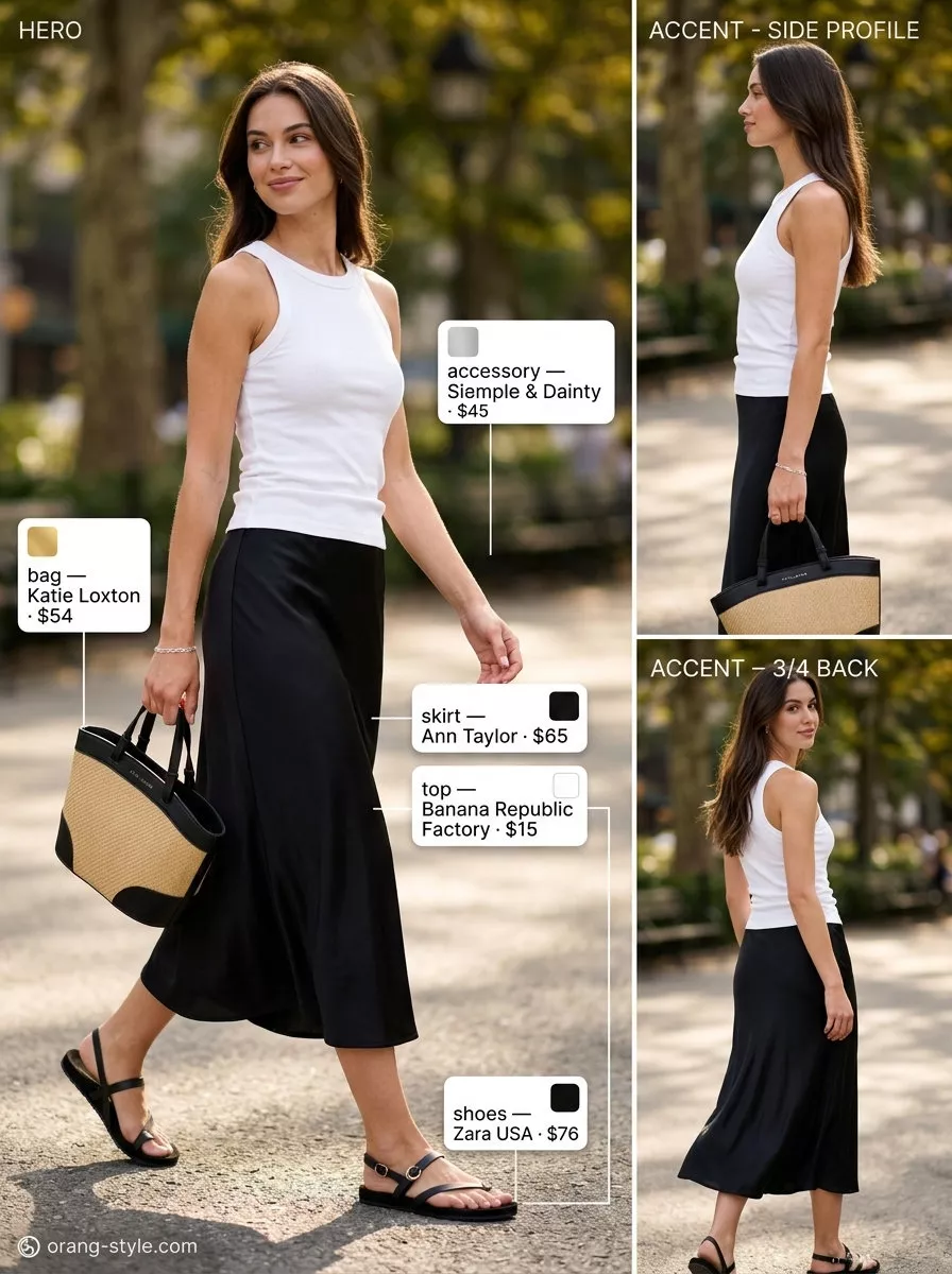 Minimalist neutral summer outfits for women 2026: Black midi skirt, white tank, raffia tote for a lunch date.