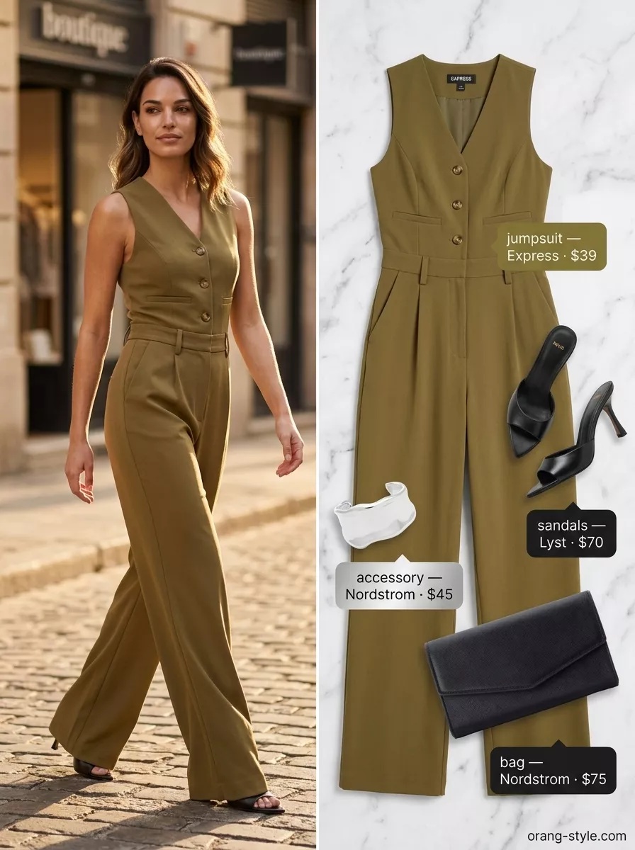Minimalist neutral summer outfits for women 2026: Olive green jumpsuit, black sandals, silver bracelet for a summer party.