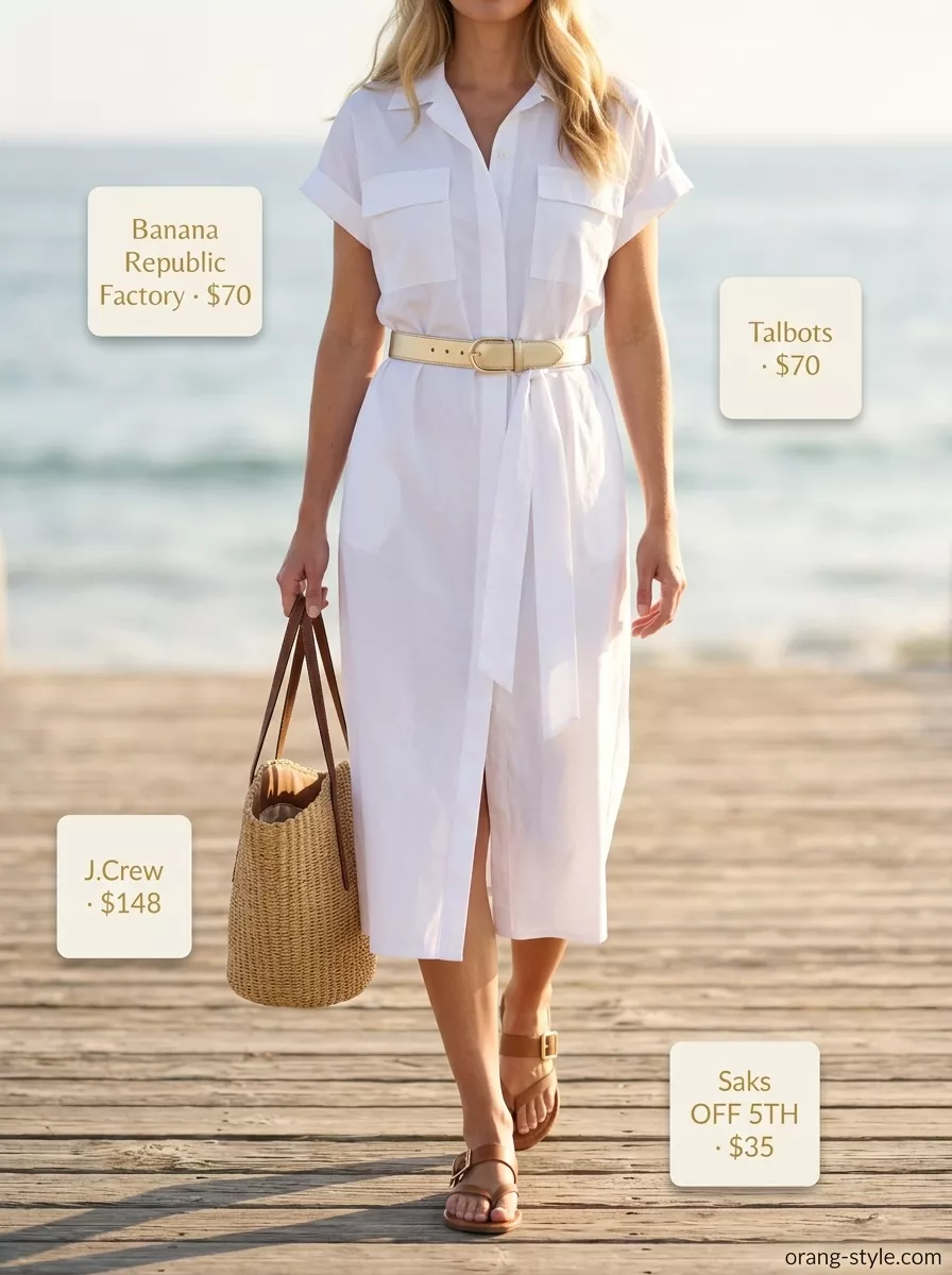 Minimalist neutral summer outfit: White shirt dress, tan slides, straw tote for vacation.