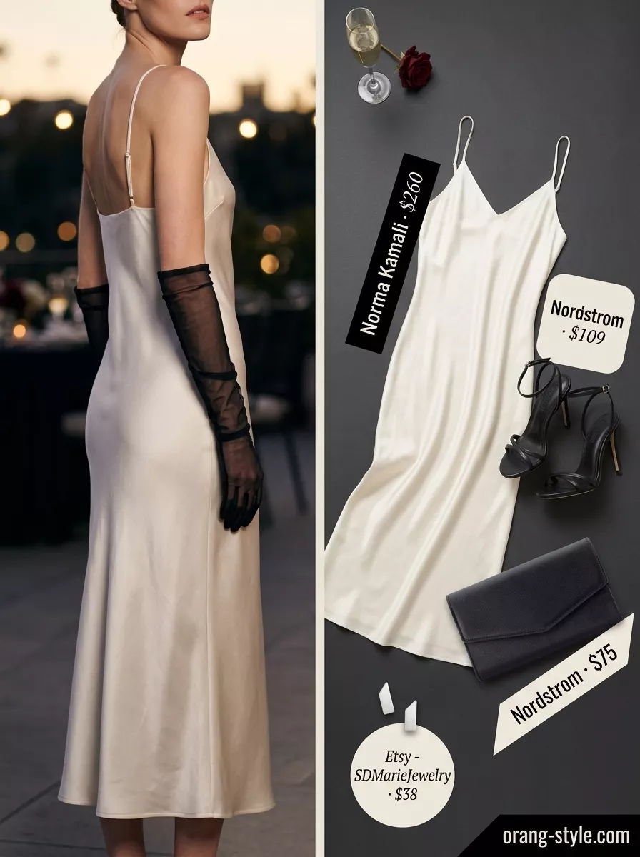 Minimalist neutral summer outfit: Ivory slip dress, black heels, silver earrings for date night.