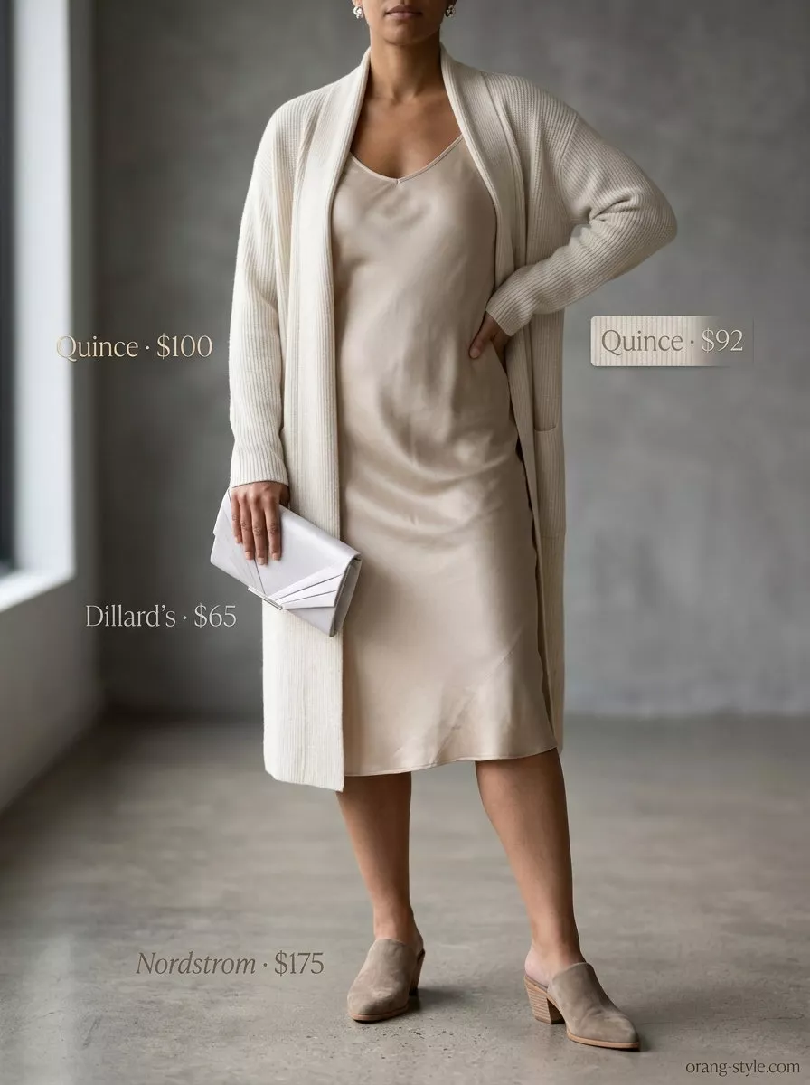 Minimalist neutral summer outfit: champagne slip dress, oatmeal cardigan, grey mules, silver studs.