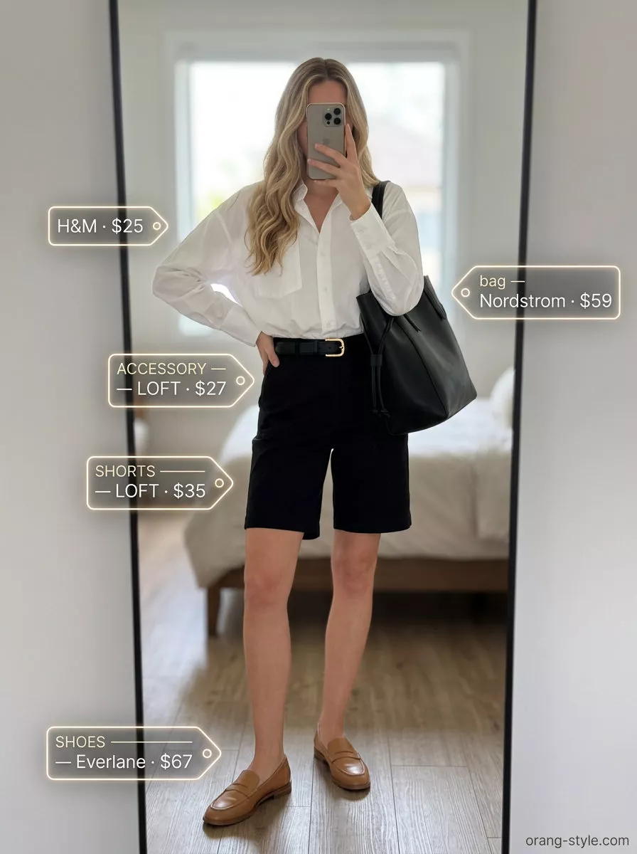 Minimalist neutral summer outfit: white oversized shirt, black Bermuda shorts, loafers, black tote.