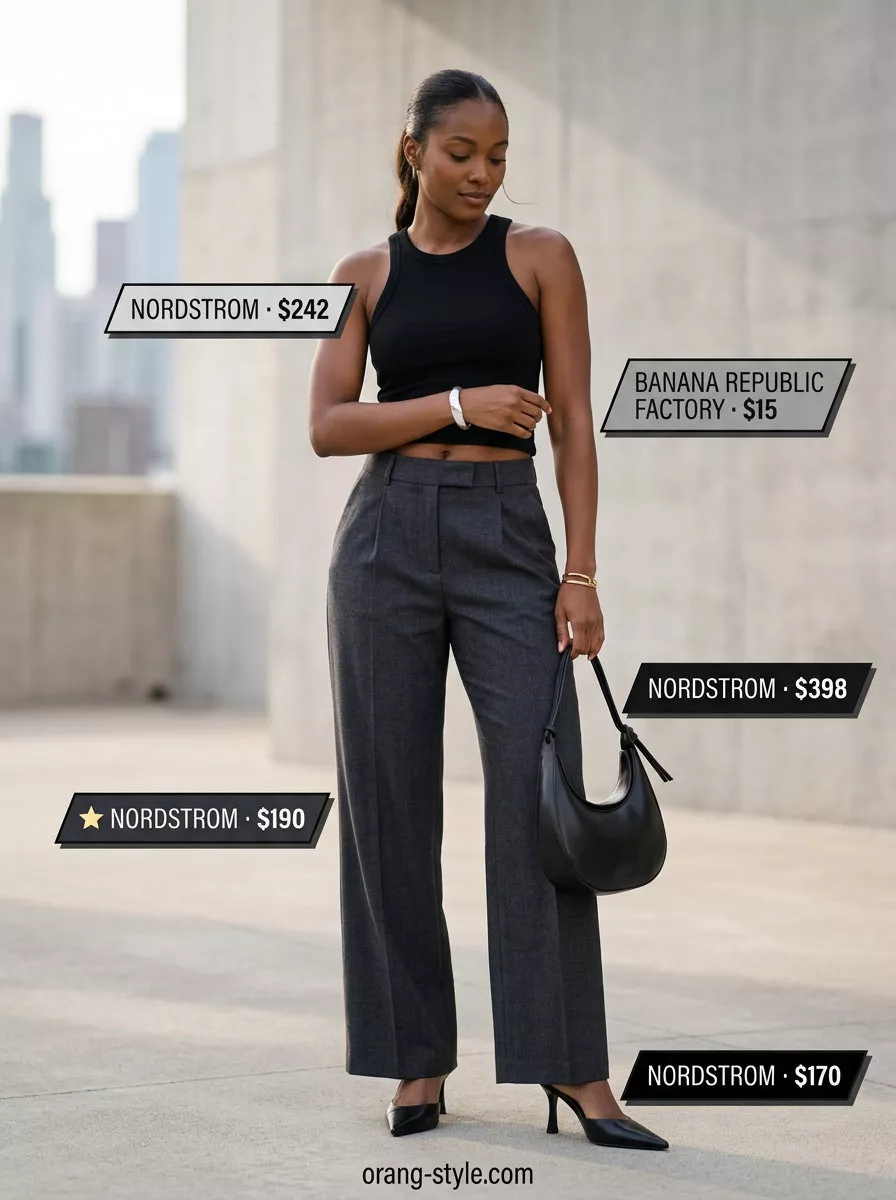 Minimalist neutral summer outfits for women 2026: Tailored charcoal trousers, black tank, heeled mules for smart casual.