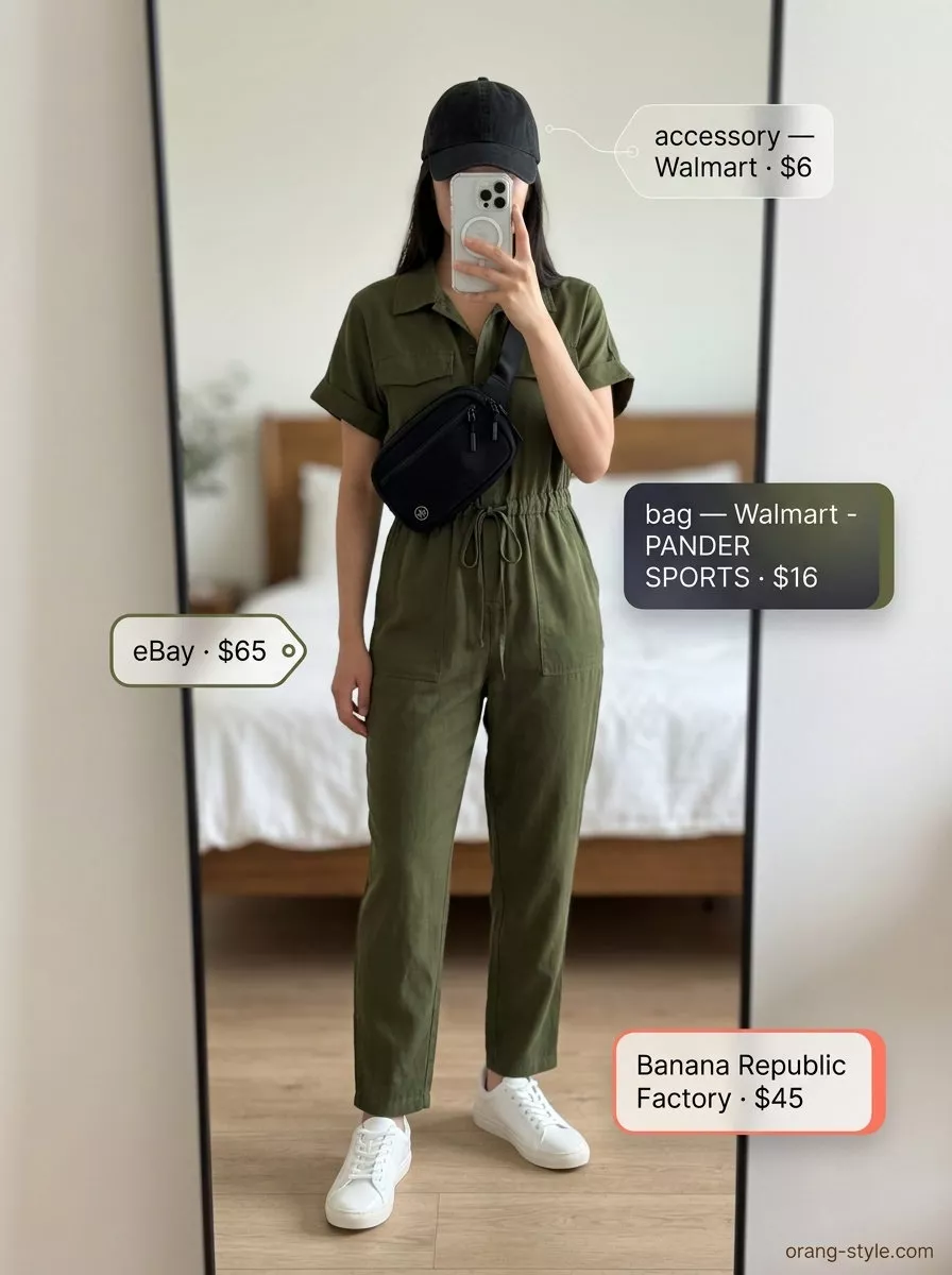 Minimalist neutral summer outfit: olive green utility jumpsuit, white sneakers, black belt bag.