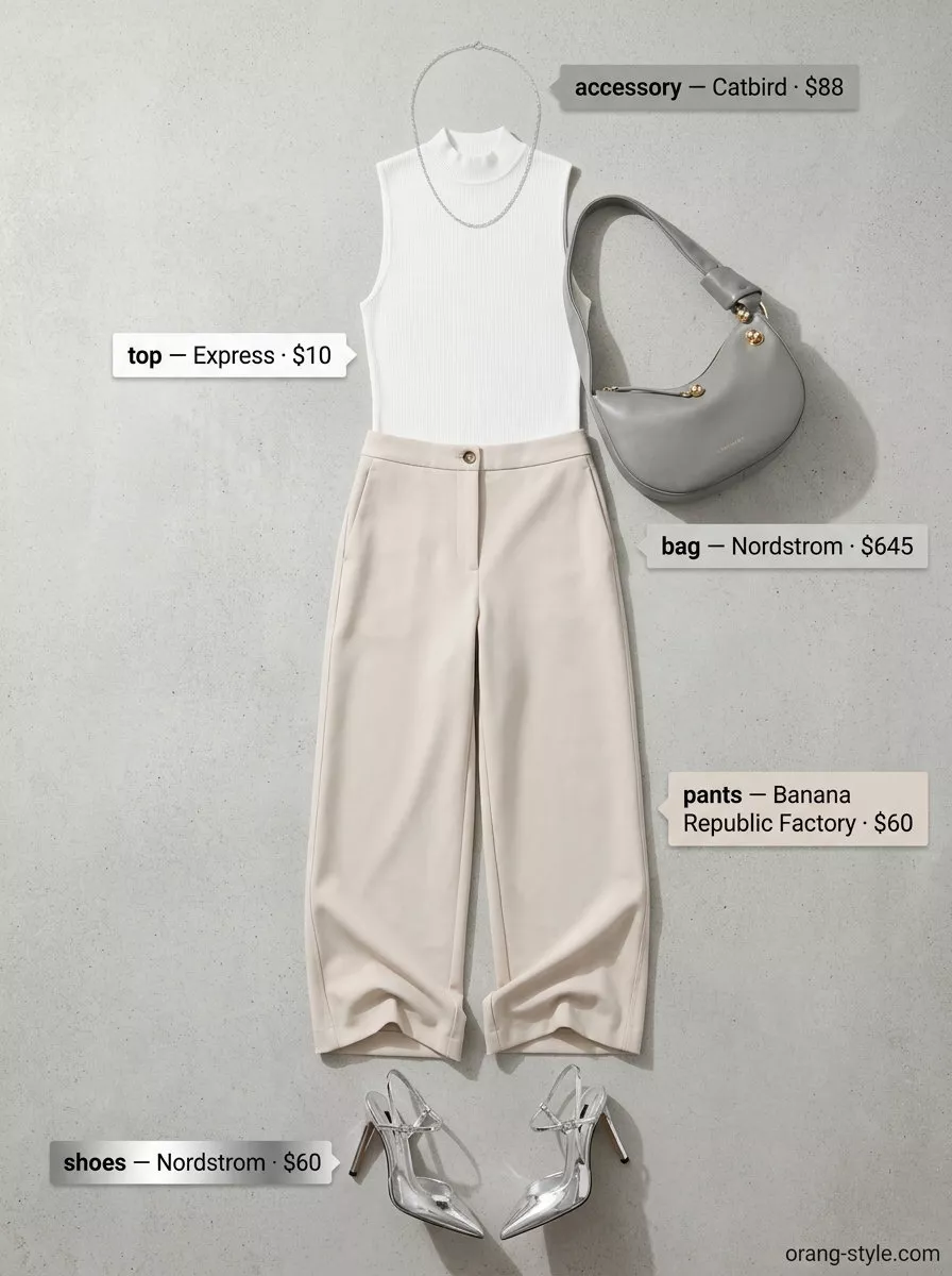 Minimalist neutral summer outfit: Light grey wide-leg pants, white mock-neck top, silver heels for evening.