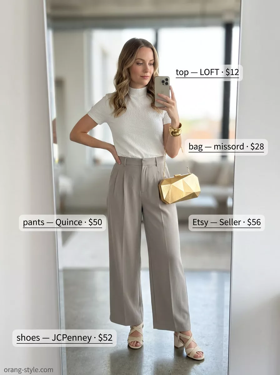 Minimalist neutral summer outfit: stone grey wide-leg trousers, white mock neck top, gold jewelry.