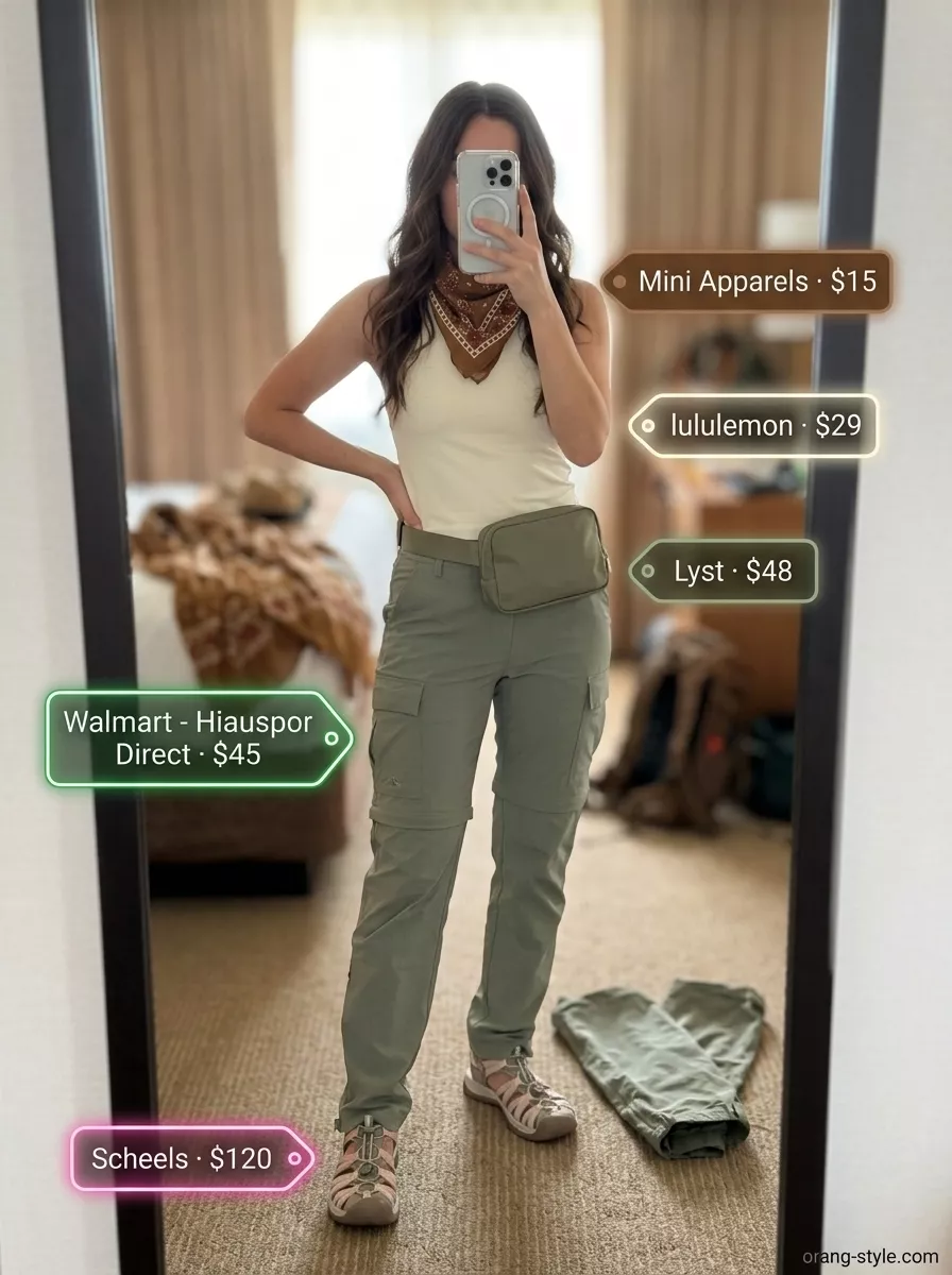 Canyon Vista Hiker: Outdoor Hiking Outfits Summer for Women 2026 Sage green convertible pants are versatile for outdoor hiking outfits summer for women 2026. Styled with cream tank & tan sandals.