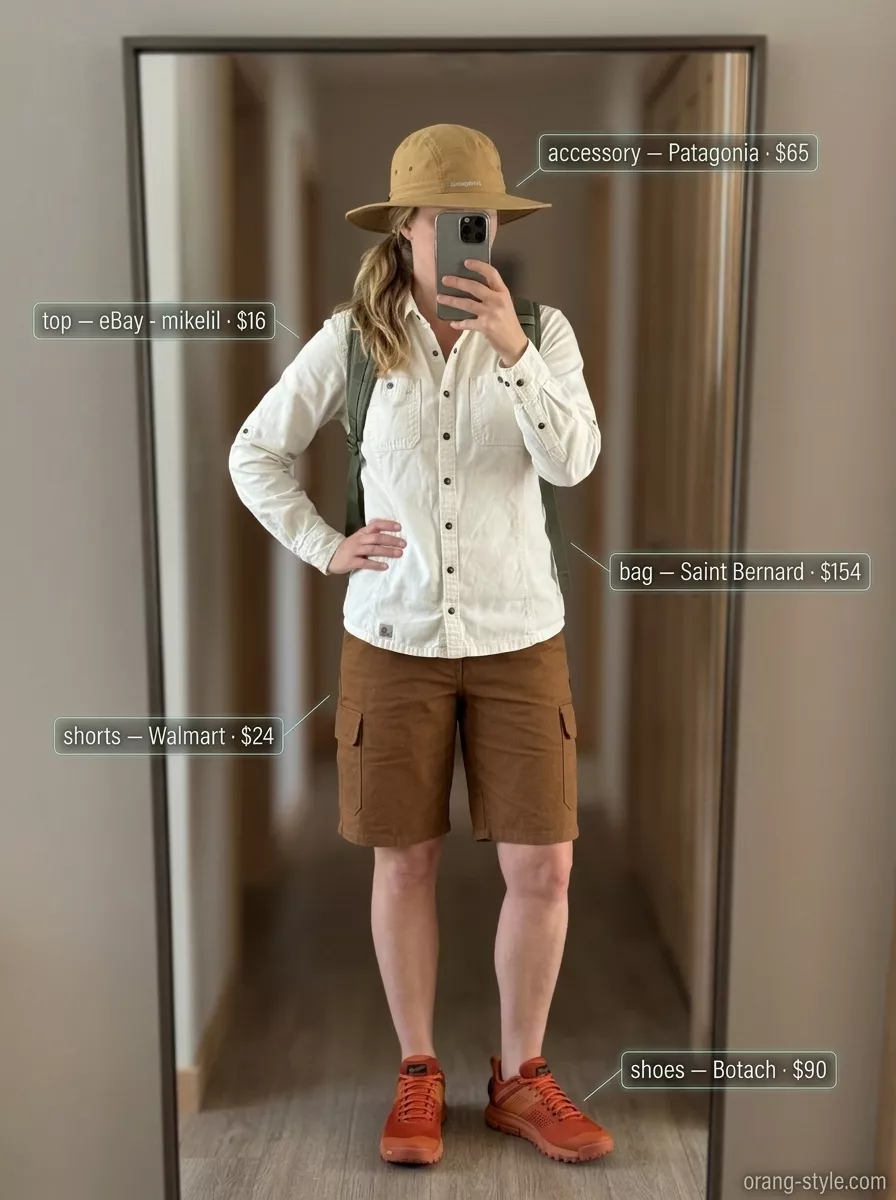 Summer Hiking Outfits for Women 2026: Coastal Traverse Outdoor hiking outfits summer for women 2026: Brown shorts, off-white shirt, terracotta shoes for coastal hikes.