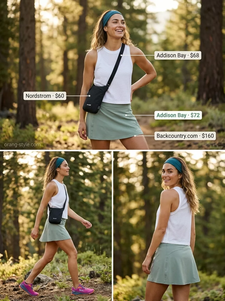 Summer Hiking Outfits for Women 2026: Forest Fern Outdoor hiking outfits summer for women 2026: Sage green skort, white tank, raspberry shoes for casual hikes.