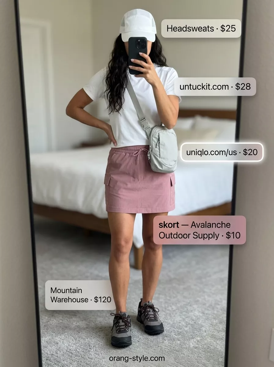 Meadow Trail Wanderer: Outdoor Hiking Outfits Summer for Women 2026 Dusty rose skort is a key piece for outdoor hiking outfits summer for women 2026. Paired with white tee & stone grey shoes.