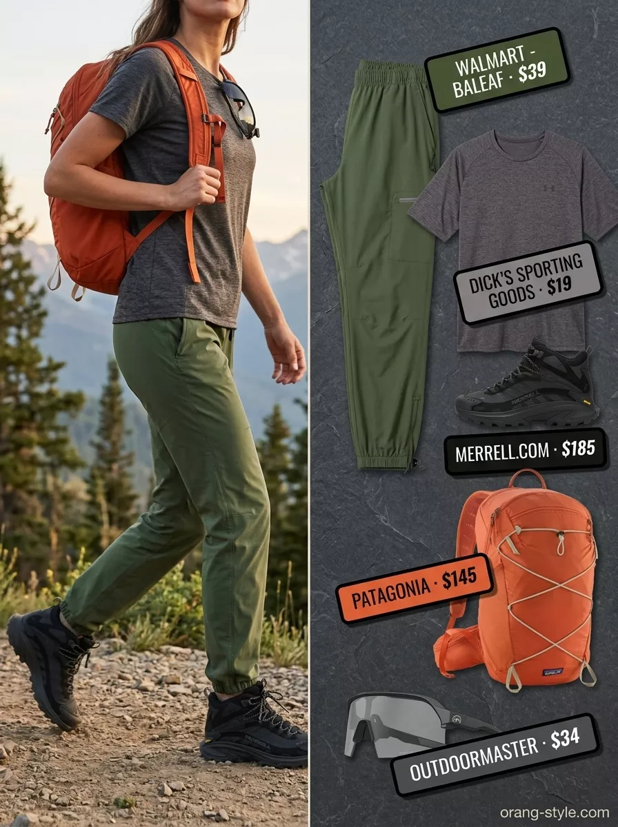 Mountain Trail Explorer: Outdoor Hiking Outfits Summer for Women 2026 Olive green pants are the hero for outdoor hiking outfits summer for women 2026. Paired with charcoal tee & burnt orange pack.