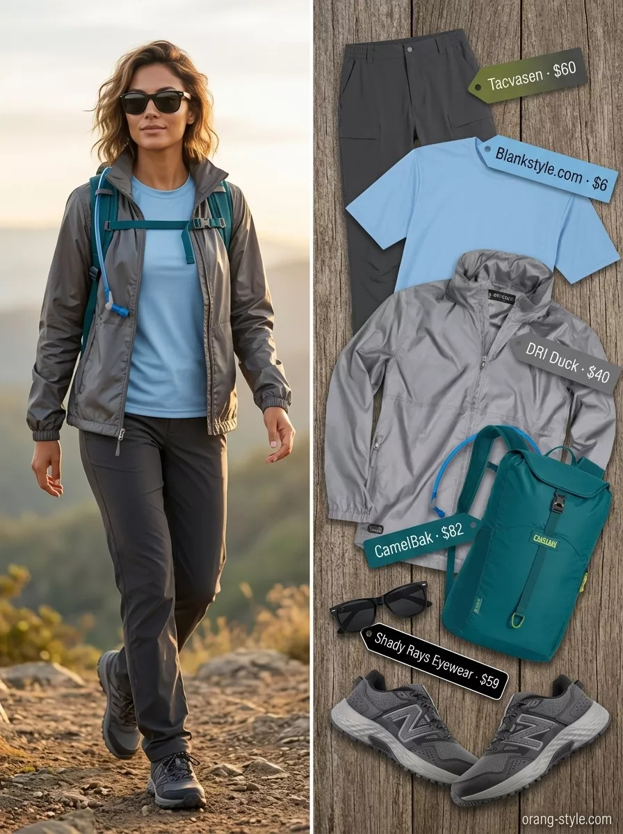 Summer Hiking Outfits for Women 2026: Mountain Trail Outdoor hiking outfits summer for women 2026: Olive pants, sky blue tee, black shoes for day hikes.