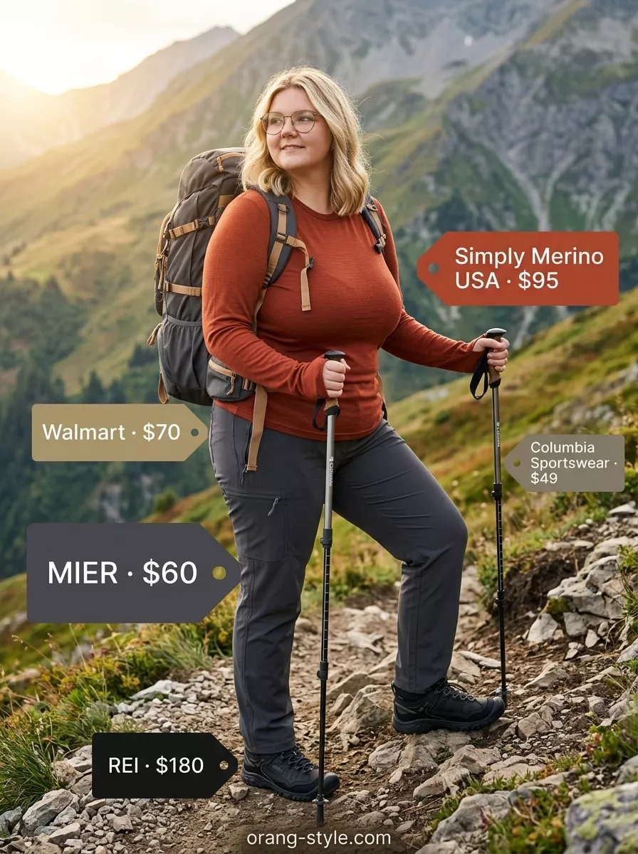 Backpacking Outfits for Women 2026 Outdoor hiking outfits summer for women 2026: Charcoal grey cargo pants, burnt orange base layer, and black hiking boots for backpacking.