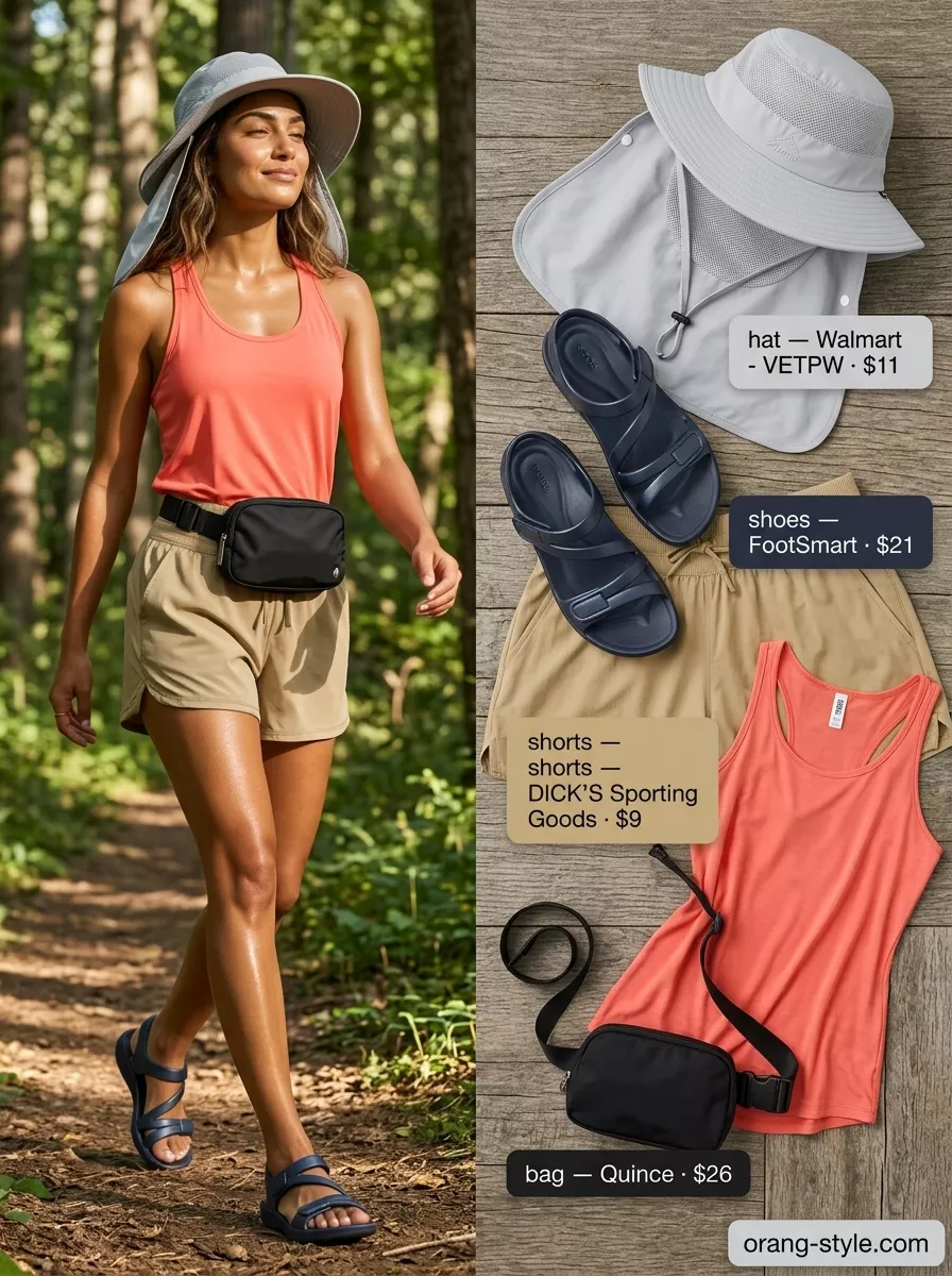 Summer Trail Outfits for Women 2026 Outdoor hiking outfits summer for women 2026: Khaki shorts, coral tank, and navy sport sandals for river trail adventures.