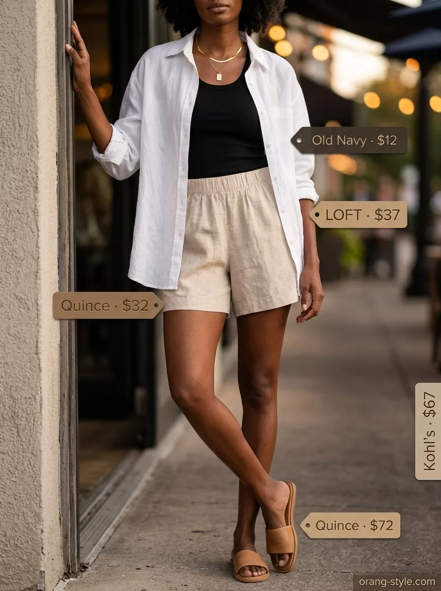 Beige linen shorts outfit for outdoor summer date night 2026. Relaxed chic with oversized white linen shirt.
