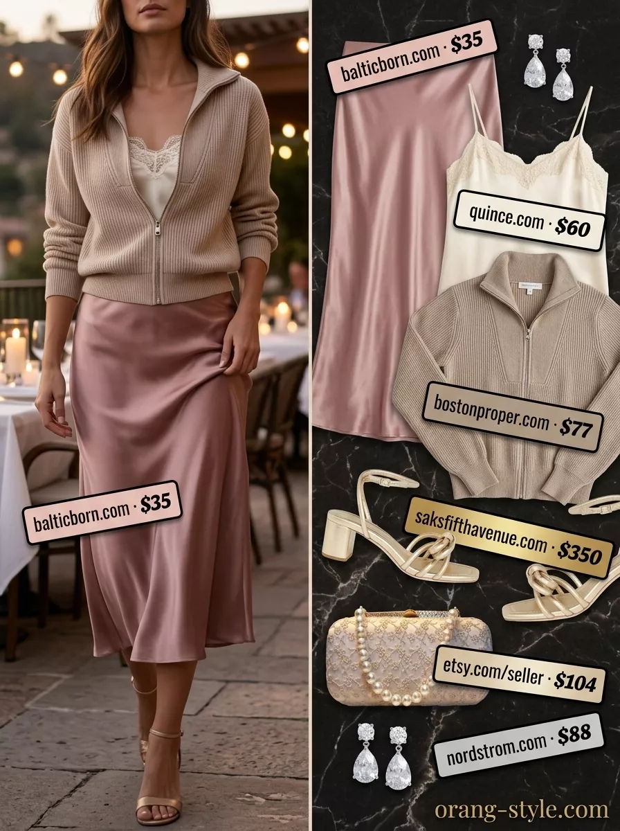 Blush pink satin midi skirt outfit for outdoor summer date night 2026. Elegant evening look with linen blazer.