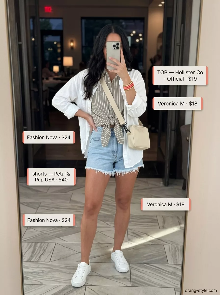 Denim shorts and linen shirt for outdoor summer date night outfits for women 2026. Relaxed picnic date look.