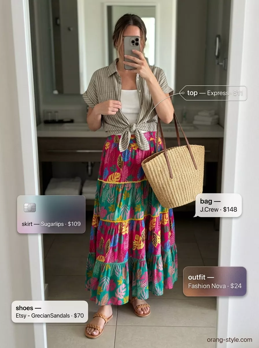 Bohemian beach bonfire outfit for outdoor summer date night 2026. Multicolor floral maxi skirt with white crop top.