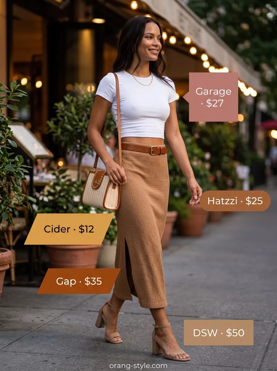 Floral print midi skirt outfit for outdoor summer date night 2026. Charming and relaxed evening look.