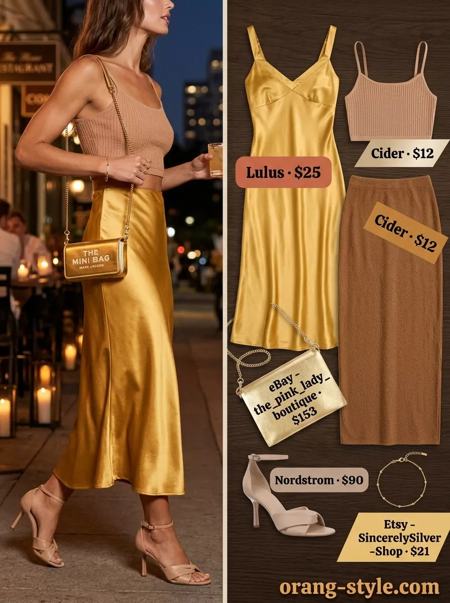 Golden yellow satin slip dress for outdoor summer date night 2026. Radiant and chic cocktail hour look.