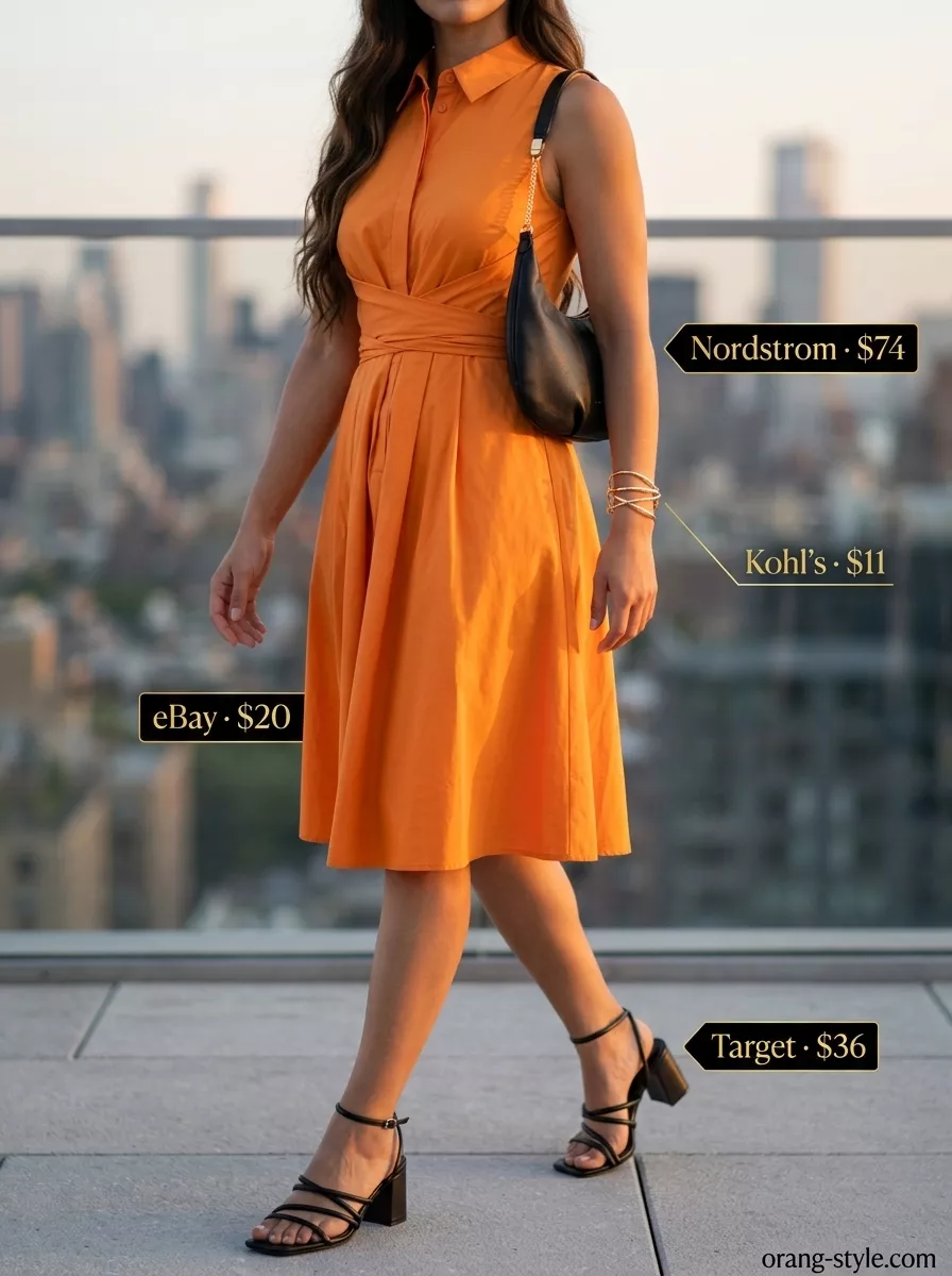 Mango orange wrap dress for outdoor summer date night 2026. Confident and vibrant rooftop dinner style.