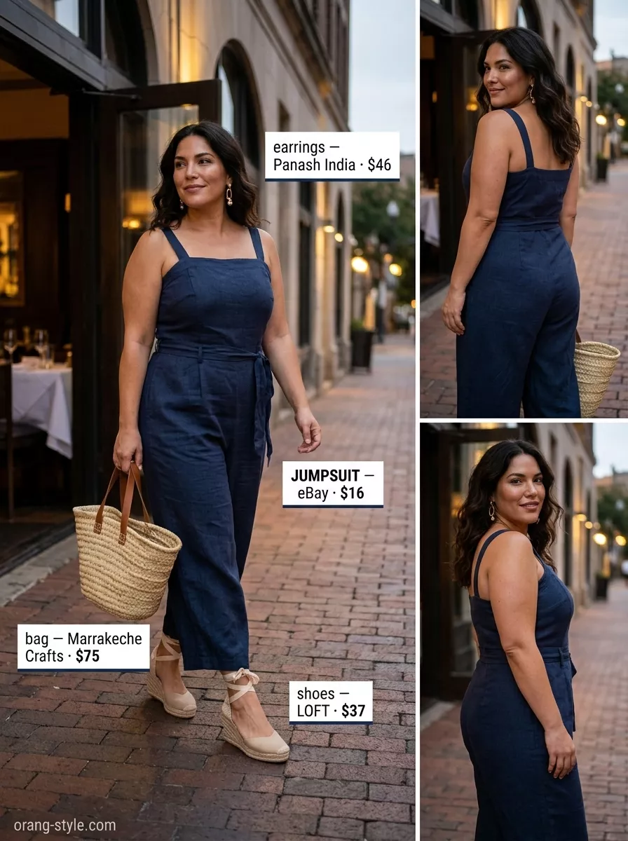 Effortless navy jumpsuit for outdoor summer date night outfits for women 2026. Relaxed chic look with espadrilles.