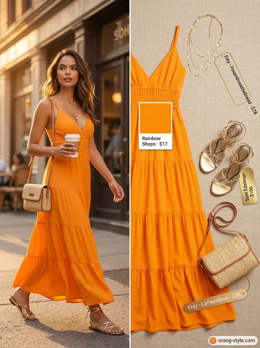 Marigold orange maxi dress for outdoor summer date night outfits for women 2026. Vibrant golden hour glow look.