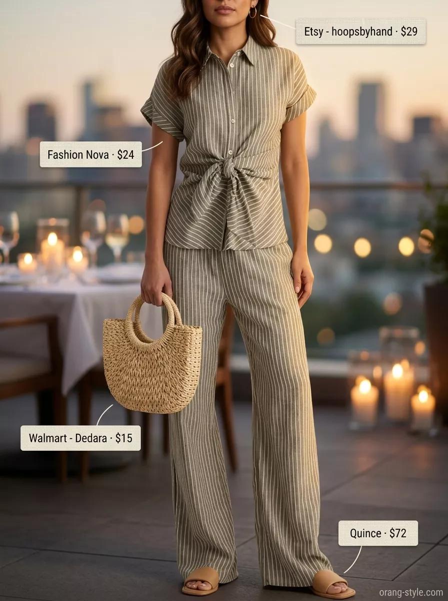 Sage green linen co-ord for outdoor summer date night outfits for women 2026. Relaxed chic matching set.