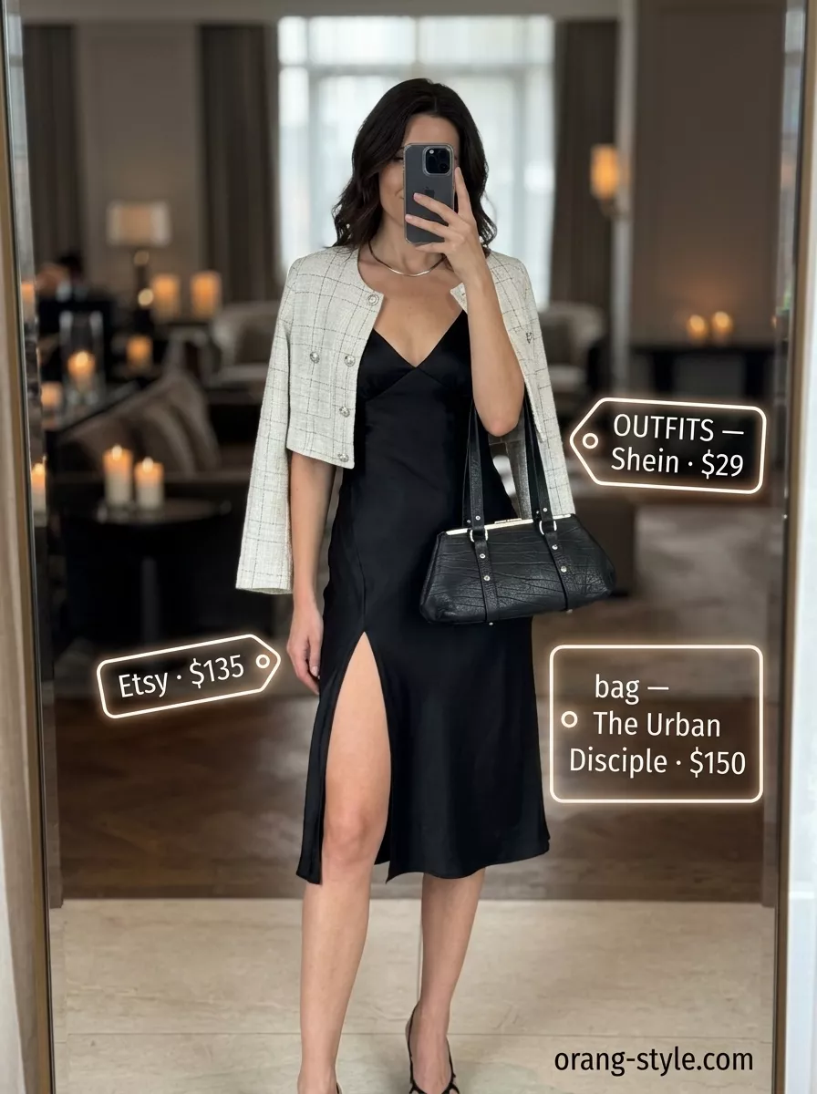 Black slip dress for edgy outdoor summer date night outfits for women 2026. Modern city date look with ankle boots.