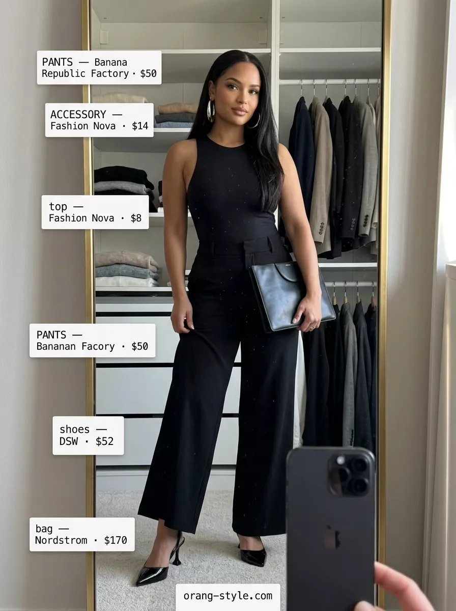 Black wide-leg trousers and bodysuit for modern outdoor summer date night outfits for women 2026. Sophisticated event look.